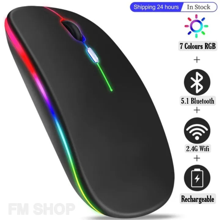 RGB Wireless Mouse - Slim & Silent 7 Colour LED Lights  - Dual Mode 2.4G & Bluetooth Rechargeable Portable Optical