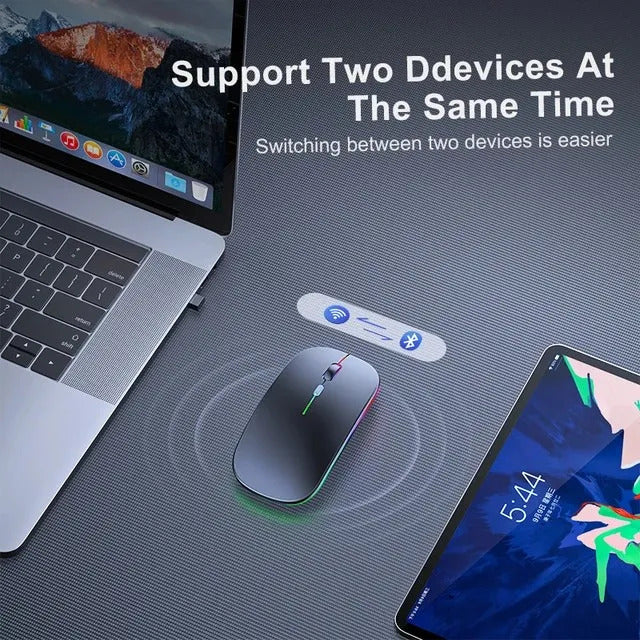 RGB Wireless Mouse - Slim & Silent 7 Colour LED Lights  - Dual Mode 2.4G & Bluetooth Rechargeable Portable Optical