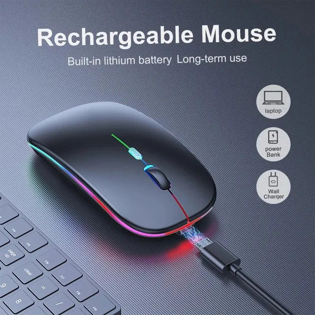 RGB Wireless Mouse - Slim & Silent 7 Colour LED Lights  - Dual Mode 2.4G & Bluetooth Rechargeable Portable Optical