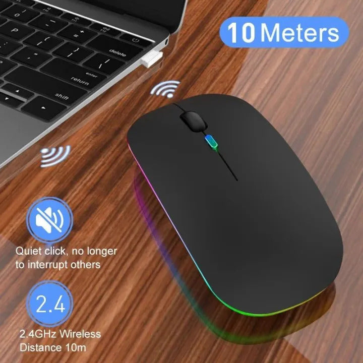 RGB Wireless Mouse - Slim & Silent 7 Colour LED Lights  - Dual Mode 2.4G & Bluetooth Rechargeable Portable Optical
